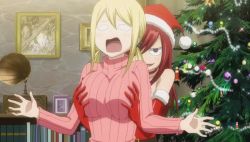 2girls animated animated_gif blonde_hair breasts cleavage erza_scarlet fairy_tail grabbing grabbing_another&#039;s_breast hat large_breasts lucy_heartfilia multiple_girls red_hair santa_hat talking yuri rating:Questionable score:83 user:lordroticiv