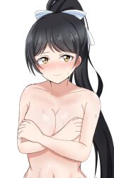  1girl black_hair blush breasts commentary_request completely_nude covering_breasts covering_privates embarrassed hair_ribbon hazuki_ren highres large_breasts long_hair looking_at_viewer love_live! love_live!_superstar!! matcha_moti_(matcha_427) navel nude ponytail ribbon striped_ribbon sweat upper_body very_long_hair white_background yellow_eyes 