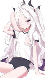  1girl billbung blue_archive blush breasts gym_uniform highres hina_(blue_archive) horns long_hair one_eye_closed purple_eyes shorts simple_background sitting small_breasts solo towel very_long_hair white_background white_hair  rating:Sensitive score:21 user:danbooru