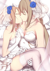 2girls anchor_necklace breasts bridal_veil bride brown_hair carrying cartonbox_(zhixiang_zhi) cleavage closed_eyes dress elbow_gloves flower gloves hair_flower hair_ornament holding_hands jewelry kiss lace lace-trimmed_legwear lace_trim large_breasts legs_together lexington_(warship_girls_r) long_hair medium_breasts multiple_girls necklace ornate_ring own_hands_together phelps_(warship_girls_r) princess_carry ring sitting strapless strapless_dress thighhighs veil warship_girls_r wedding_dress wedding_ring white_dress white_gloves white_legwear wife_and_wife yuri rating:Sensitive score:47 user:danbooru