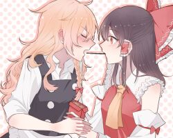 2girls apron ascot bare_shoulders black_vest blonde_hair blush bow braid breasts brown_eyes brown_hair buttons closed_eyes collared_shirt commentary detached_sleeves dotted_background double-breasted ear_blush embarrassed eyelashes fingernails food frilled_apron frilled_bow frilled_shirt_collar frills hair_bow hair_ribbon hakurei_reimu hand_grab hitte5416 imminent_kiss kirisame_marisa long_hair medium_breasts multiple_girls no_headwear nose_blush open_mouth pocky pocky_kiss red_bow red_ribbon red_vest ribbon ribbon-trimmed_sleeves ribbon_trim shared_food shirt sidelocks single_braid staring straight_hair touhou tress_ribbon vest waist_apron white_apron white_shirt wing_collar yellow_ascot yuri 