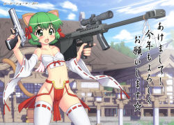  1girl adapted_uniform akeome animal_ears anti-materiel_rifle barrett_m82 blush bow bustier cat_ears cat_tail desert_eagle detached_sleeves dual_wielding fang green_eyes green_hair gun hair_bow handgun happy_new_year hase_yu holding japanese_clothes kotoyoro lingerie matching_hair/eyes miko navel new_year nontraditional_miko nyano original pistol rifle scope short_hair smile sniper_rifle solo source_request stubby_grip tail text_focus thighhighs thighs translation_request trigger_discipline underwear vertical_forward_grip weapon 