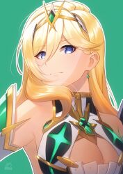  1girl acrylicstroke armpits artist_name bare_shoulders bianka_durandal_ataegina blonde_hair blue_eyes breasts circlet cleavage cleavage_cutout closed_mouth clothing_cutout commission commissioner_upload core_crystal_(xenoblade) cosplay dress earrings green_background honkai_(series) honkai_impact_3rd jewelry large_breasts look-alike looking_at_viewer mythra_(xenoblade) mythra_(xenoblade)_(cosplay) non-web_source outline signature simple_background solo upper_body watermark white_background white_dress white_outline xenoblade_chronicles_(series) xenoblade_chronicles_2  rating:Sensitive score:3 user:danbooru