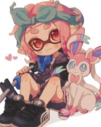  1girl black_footwear blue_bow blue_eyes blue_hairband bow bow_hairband bright_pupils closed_mouth commentary_request creatures_(company) e-liter_4k_(splatoon) full_body game_freak gen_6_pokemon gun hair_bow hairband heart highres holding holding_gun holding_weapon inkling_girl inkling_player_character looking_at_viewer love_ball medium_hair nintendo ochocho2828 pink_hair pointy_ears poke_ball pokemon pokemon_(creature) prehensile_ribbon red_eyes shoes simple_background sitting smile splatoon_(series) splatoon_3 sylveon tentacle_hair thick_eyebrows weapon white_background white_fur white_pupils 