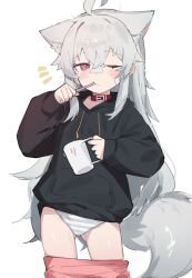  1girl ahoge animal_ear_fluff animal_ears bandaid bandaid_on_cheek bandaid_on_face bandaid_on_nose belt_collar black_hoodie blue_panties blush brushing_teeth closed_mouth clothes_pull collar commentary contrapposto crossed_bangs cup drawstring extra_ears fenrir_(fenriluuu) gluteal_fold highres holding holding_cup hood hood_down hoodie long_hair long_sleeves one_eye_closed original panties pink_eyes pink_skirt puffy_long_sleeves puffy_sleeves red_collar rir-chan sidelocks simple_background skirt skirt_pull solo striped_clothes striped_panties tail underwear very_long_hair white_background white_panties wolf_ears wolf_girl wolf_tail  rating:Sensitive score:45 user:danbooru