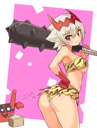 1girl ass club club_(weapon) cougar cougar_(cougar1404) dragon:_marked_for_death empress_(dmfd) female_focus hair_between_eyes holding holding_weapon looking_back panties print_panties red_eyes short_hair spiked_club tagme tiger_stripes underwear weapon wedgie white_hair