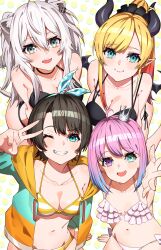  4girls absurdres animal_ear_piercing animal_ears aqua_hairband arm_support bikini black_bikini black_hair black_horns black_scrunchie blonde_hair blue_eyes blue_hair breast_tattoo breasts closed_mouth crown demon_girl demon_horns demon_tail demon_wings frilled_bikini frills gradient_hair grey_eyes grey_hair grin hair_ornament hair_scrunchie hairband heart heart_tattoo heterochromia highres himemori_luna hololive horn_ornament horn_ring horns jacket large_breasts lion_ears lion_girl lion_tail long_hair looking_at_viewer medium_breasts mini_crown multi-strapped_bikini_top multicolored_clothes multicolored_hair multicolored_jacket multiple_girls navel official_alternate_costume official_alternate_hairstyle oozora_subaru oozora_subaru_(hololive_summer_2019) open_mouth orange_hair orange_nails outstretched_arms pink_hair polka_dot polka_dot_background polka_dot_hairband ponytail purple_eyes r_h_0502 reaching reaching_towards_viewer scrunchie shishiro_botan short_hair side-tie_bikini_bottom sitting small_breasts smile stomach string_bikini striped_bikini striped_clothes subachocolunatan_(hololive) swept_bangs swimsuit tail tattoo two-tone_jacket two_side_up v virtual_youtuber white_bikini winged_heart wings yellow_bikini yuzuki_choco yuzuki_choco_(hololive_summer_2019) 