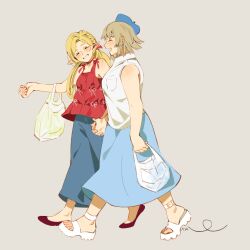  2girls ^_^ alternate_costume bag beret blonde_hair blue_hat blue_skirt braid brown_background choker closed_eyes commentary contemporary dungeon_meshi elf english_commentary falin_thorden full_body grin happy hat highres holding holding_bag holding_hands interlocked_fingers marcille_donato multiple_girls open_mouth pointy_ears profile red_choker red_footwear red_shirt rightgate sandals shirt shoes short_hair simple_background single_braid skirt sleeveless sleeveless_shirt smile white_footwear white_shirt yuri 