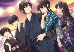  2boys 3girls :d absurdres aki_itoguchi arm_at_side asa_no_ha_(pattern) bag black_kimono blue_kimono brown_eyes brown_hair character_request closed_mouth cloud cloud_print collarbone commentary_request copyright_request curled_fingers curly_hair dark_clouds double-parted_bangs dusk dutch_angle earrings eyepatch festival floral_print_kimono food_stand from_side gradient_sky hair_between_eyes hair_bun hair_ornament hair_rings hand_on_own_chest hand_up handbag height_difference highres holding holding_bag holding_sash index_finger_raised japanese_clothes jewelry kanzashi kimono lace lace-trimmed_kimono lace_trim light_particles long_bangs long_hair looking_at_another looking_to_the_side looking_up medical_eyepatch medium_hair multiple_boys multiple_girls obi obiage obijime open_mouth orange_sky outdoors parted_lips print_kimono profile purple_kimono purple_sky sash shirt short_hair sidelocks sideways_mouth sky smile standing straight_hair string_of_light_bulbs striped_clothes striped_kimono striped_sash turning_head white_shirt yukata 