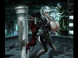 black_cat_(marvel) bodysuit bra breasts breasts_out choker city cleavage huge_breasts latex lingerie mangrowing marvel mask rain rooftop shadow shiny_clothes silver_hair skin_tight spider-man underwear unzipped web zipper rating:Questionable score:38 user:gougetsu00