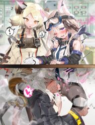  3girls absurdres animal_ear_fluff animal_ears arknights beeswax_(arknights) black_pantyhose cardigan_(arknights) cunnilingus dark-skinned_female dark_skin demon_horns dog_ears dog_girl dog_tail goat_ears goat_girl goat_horns goggles goggles_on_head gold_horns highres horns ifrit_(arknights) multicolored_hair multiple_girls no_panties oral orange_eyes pantyhose short_twintails stealth_sex streaked_hair tail tekona0 twintails under_table white_hair yuri  rating:Explicit score:66 user:ForgotMyLastAccount