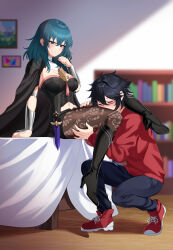  1boy 1girl absurdres armor bed bedroom black_footwear black_shirt black_shorts blue_eyes blue_hair blush boots breasts brown_pantyhose bustier byleth_(female)_(fire_emblem) byleth_(fire_emblem) clothing_cutout coat coat_on_shoulders commission crop_top fire_emblem fire_emblem:_three_houses fire_emblem_heroes fire_emblem_warriors:_three_hopes flustered glasses grabbing hair_between_eyes head_between_thighs heels highres kiss kissing_thigh knife knife_sheath leggings legs long_hair medium_breasts navel navel_cutout nintendo pantyhose pantyhose_under_shorts patterned_clothing patterned_legwear sakotach sheath shirt short_shorts shorts sitting smile thick_thighs thigh_grab thighs vambraces  rating:Sensitive score:21 user:TM07san