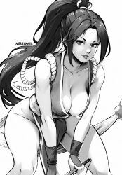  1girl artist_name bare_shoulders bracer breasts cleavage fatal_fury greyscale hand_fan high_ponytail large_breasts looking_at_viewer miss_faves monochrome no_bra parted_bangs pelvic_curtain shiranui_mai solo the_king_of_fighters thighs white_background 