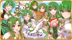 6+girls animal annand_(fire_emblem) basket brown_eyes carrot color_connection dithorba_(fire_emblem) earrings elincia_ridell_crimea erinys_(fire_emblem) feathered_wings fee_(fire_emblem) female_focus fingerless_gloves fire_emblem fire_emblem:_genealogy_of_the_holy_war fire_emblem:_path_of_radiance fire_emblem:_shadow_dragon fire_emblem:_the_sacred_stones fire_emblem:_thracia_776 fire_emblem_heroes food gameplay_mechanics gloves green_eyes green_hair hair_between_eyes headband holding in-franchise_crossover jewelry karin_(fire_emblem) long_hair looking_at_viewer matching_hair/eyes medium_hair multiple_girls nintendo official_art open_mouth palla_(fire_emblem) pegasus pegasus_knight_uniform_(fire_emblem) short_hair siblings sisters smile syrene_(fire_emblem) trait_connection vanessa_(fire_emblem) white_wings wings  rating:General score:9 user:ajp12