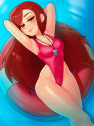  1girl armpits arms_behind_head breasts brown_eyes cameltoe closed_mouth commentary crossed_legs curvy disney dutch_angle earrings english_commentary facing_viewer freckles gravity_falls half-closed_eyes highleg highleg_swimsuit highres jewelry lifebuoy lifeguard long_hair loodncrood looking_at_viewer lying medium_breasts narrow_waist official_alternate_costume on_back one-piece_swimsuit pool red_hair red_one-piece_swimsuit smile solo swept_bangs swim_ring swimsuit water wendy_corduroy whistle whistle_around_neck  rating:Questionable score:310 user:danbooru