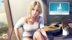  1girl blonde_hair blue_eyes breasts character_request looking_at_viewer see-through short_hair shorts sports_bra summer_lesson  rating:Questionable score:6 user:Legendzerox