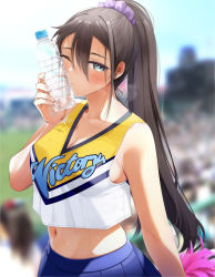  1girl bare_shoulders blurry blurry_background blush bottle breasts brown_hair cheek_press cheerleader cleavage clothing_cutout commentary_request cool_your_head crop_top duplicate fed_(giba) hair_between_eyes hair_tie highres holding holding_bottle large_breasts long_hair looking_at_viewer midriff navel navel_cutout one_eye_closed original outdoors pixel-perfect_duplicate pom_pom_(cheerleading) ponytail skirt sky sweat sweaty_clothes water_bottle 