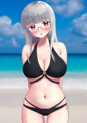  1girl absurdres beach bikini black_bikini blush breasts cleavage collarbone glasses gluteal_fold heidimarie_w._schnaufer highres huge_filesize kuroniko large_breasts long_hair looking_at_viewer navel ocean open_mouth outdoors red_eyes shiny_skin silver_hair solo strike_witches sweat swimsuit world_witches_series  rating:Sensitive score:9 user:danbooru