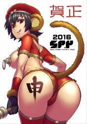 1girl :q animal_ears ass bad_id bad_pixiv_id black_gloves black_hair body_writing breasts brown_eyes female_focus gloves hat huge_ass large_breasts looking_at_viewer monkey_ears monkey_girl monkey_tail new_year original pasties short_hair short_shorts shorts solo staff tail tongue tongue_out white_background yorozu rating:Questionable score:41 user:danbooru