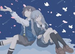  2girls bang_dream! bang_dream!_it&#039;s_mygo!!!!! black_socks blue_background blue_hair blue_jacket blue_shirt blue_skirt brown_hair bug butterfly cherry_blossoms closed_eyes closed_mouth commentary english_commentary falling_petals grey_hair grey_shorts head_on_another&#039;s_shoulder highres insect jacket kneehighs loafers multicolored_clothes multicolored_jacket multiple_girls odore_(suzukisakana001) outdoors parted_lips petals pleated_skirt red_eyes school_uniform shirt shoes short_hair shorts simple_background sitting skirt smile snow socks takamatsu_tomori togawa_sakiko tsukinomori_school_uniform two-tone_jacket white_butterfly white_jacket white_shirt 