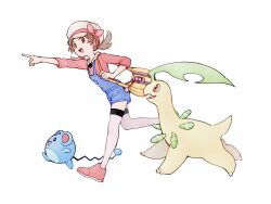  :d bag bayleef blue_overalls bow brown_eyes brown_hair cabbie_hat creatures_(company) full_body game_freak gen_2_pokemon hat hat_bow highres lyra_(pokemon) marill nintendo open_mouth overalls pointing pointing_forward pokemon pokemon_(creature) pokemon_hgss red_bow red_footwear red_shirt running shirt shoes shoulder_bag sleeves_past_elbows smile tan_carbonnn thighhighs twintails white_background white_hat white_thighhighs yellow_bag 