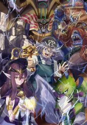  1girl bandana beak beard bird black_bandana blue_skin brown_eyes brown_hair clenched_teeth collared_shirt colored_skin crescent duel_monster earrings electricity exodia_the_forbidden_one facial_hair feathers fiend_reflection glowing glowing_eyes golem_that_guards_the_millennium_treasures green_feathers green_overalls grey_hair group_picture highres holding holding_mirror holding_shield jewelry long_hair maiden_of_the_moonlight millennium_cross millennium_fiend_reflection millennium_golem millennium_shield millenniumoon_maiden mirror monster muto_sugoroku noppe old old_man one-eyed pointy_ears purple_eyes sengenjin sharp_teeth shield shield_of_the_millennium_dynasty shirt sketch spiked_hair talons teeth the_caveman_that_awoke_after_a_millennium the_phantom_exodia_incarnate white_feathers white_shirt white_wings wings yu-gi-oh! yu-gi-oh!_duel_monsters 