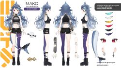  1girl 2023 arms_at_sides artist_name belt black_shorts blue_hair blush boots bracelet breasts character_name character_sheet closed_mouth collar commentary cross cross_earrings earrings english_commentary english_text fins fish_tail hair_ornament head_fins highres jewelry long_hair mako_sameshima medium_breasts midriff multicolored_hair multiple_earrings multiple_views navel official_art prism_project profile red_eyes reiko_lape second-party_source shark_tail sharp_teeth shorts single_thighhigh skull_hair_ornament smile spiked_collar spikes standing streaked_hair tail teeth thighhighs virtual_youtuber 