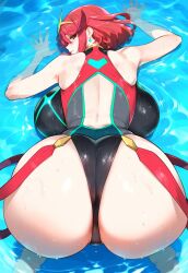  1girl all_fours ass back backboob bare_back bare_shoulders breasts earrings eyelashes female_focus highres huge_ass huge_breasts in_water jewelry looking_at_viewer looking_back matching_hair/eyes nenelulucy nintendo one-piece_swimsuit pyra_(xenoblade) red_eyes red_hair shiny_skin short_hair smile solo swimsuit water wet xenoblade_chronicles_(series) xenoblade_chronicles_2  rating:Questionable score:110 user:Orphan_crippler