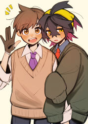  2boys :d absurdres alternate_costume black_gloves black_hair blush brown_eyes brown_gloves brown_hair collared_shirt commentary_request creatures_(company) florian_(pokemon) game_freak gloves hair_between_eyes hairband highres kieran_(pokemon) long_sleeves looking_at_viewer male_focus multicolored_hair multiple_boys necktie nintendo notice_lines open_mouth pants partially_fingerless_gloves pokemon pokemon_sv purple_necktie school_uniform shirt short_hair simple_background sleeves_past_fingers sleeves_past_wrists smile sweatdrop sweater sweater_vest teeth tisanntisyou tongue upper_teeth_only uva_academy_school_uniform white_background white_shirt yellow_eyes yellow_hairband 