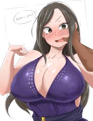  1girl absurdres bad_id bad_pixiv_id bare_shoulders black_hair blush breasts brown_eyes cleavage collarbone dress finger_in_another&#039;s_mouth highres huge_breasts idolmaster idolmaster_cinderella_girls korean_commentary large_breasts long_hair mm_(yoromu) mukai_takumi open_mouth sweat translation_request  rating:Sensitive score:117 user:danbooru