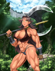 10s 1girl amazon_(goblin_slayer!) bare_shoulders breasts circlet cleavage cleavage_cutout clenched_hand clothing_cutout crop_top dark_skin dark-skinned_female earrings female_focus forest goblin_slayer! halberd halterneck huge_breasts jewelry long_hair muscular muscular_female nature polearm shopyun sleeveless smile solo thong vambraces weapon rating:Questionable score:51 user:animeboy12