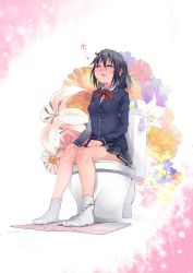 1girl absurdres black_hair black_skirt blue_jacket blush bow bow_panties bowtie breasts closed_eyes flower highres jacket long_sleeves onsen_mikan open_mouth panties panties_around_one_ankle peeing ponytail red_bow red_bowtie relief rug school_uniform shirt short_hair sitting skirt small_breasts smile socks sparkle sweat toilet toilet_use underwear white_panties white_shirt white_socks rating:Questionable score:15 user:cpee