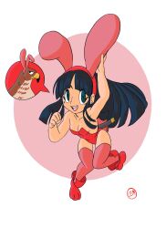  1girl arm_up armpits blue_hair breasts cleavage clenched_hand green_eyes hair_ribbon leaning_forward legs leotard long_hair mamahaha medium_breasts nakoruru open_mouth playboy_bunny rabbit_ears rabbit_tail ribbon samurai_spirits smile snk the_king_of_fighters thighs weapon 