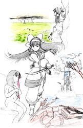 1girl ainu_clothes black_hair breasts bunching_hair expressionless hair_ribbon highres legs long_hair looking_at_viewer medium_breasts monochrome nakoruru nature navel nipples nude pants ribbon samurai_spirits sketch snk solo the_king_of_fighters thighs traditional_media water waterfall weapon wet