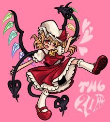 1girl ascot blonde_hair bobby_socks cbts004 chibi crystal fangs flandre_scarlet frilled_skirt frills full_body happy hat hat_ribbon highres holding holding_polearm holding_weapon laevatein_(tail) laevatein_(touhou) light_smile looking_at_viewer mary_janes medium_hair mob_cap multicolored_wings one_side_up open_mouth pink_background pointy_ears polearm puffy_short_sleeves puffy_sleeves red_eyes red_footwear red_ribbon red_skirt red_vest ribbon ribbon-trimmed_headwear ribbon-trimmed_sleeves ribbon_trim shirt shoe_soles shoes short_sleeves simple_background skirt skirt_set sleeve_ribbon socks solo tail touhou vest weapon white_hat white_shirt white_socks wings yellow_ascot