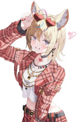  1girl absurdres ahoge animal_ear_fluff animal_ears belt black_belt black_choker blonde_hair blue_hair checkered_clothes checkered_jacket checkered_pants choker club_(shape) collarbone cowboy_shot crop_top diamond_(shape) diamond_necklace eyes_visible_through_hair grey_eyes grey_hair hair_between_eyes hair_flaps hand_on_own_head heart heart-shaped_eyewear heart-shaped_pupils heart_choker heart_necklace highres hololive jacket jewelry light_blush looking_at_viewer mahyo multicolored_hair multiple_necklaces navel necklace omaru_polka omaru_polka_(5th_costume) open_clothes open_jacket open_mouth purple_hair red_nails smile solo spade_(shape) square_necklace star_(symbol) star_necklace streaked_hair symbol-shaped_pupils teeth virtual_youtuber white_background white_undershirt  rating:General score:5 user:danbooru