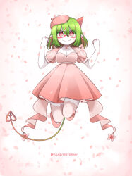  1girl absurdres beret breasts choker cleavage colored_skin commentary demon_girl demon_tail dress earrings english_commentary flower flower_earrings funamusea gradient_background gradient_tail green_hair green_tail haiiro_teien hat highres horns jewelry jumping large_breasts neck_flower pantyhose pink_background pink_choker pink_dress pink_eyes pink_flower pink_footwear pink_hat pink_pantyhose pink_petals pointy_ears puffy_short_sleeves puffy_sleeves red-framed_eyewear red_tail redscarfy semi-rimless_eyewear short_hair short_sleeves sidelocks single_horn smile solo tail twitter_username white_background white_skin yosafire_(funamusea) 