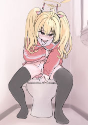 1girl bar_censor bathroom black_footwear blonde_hair blue_archive blush brown_eyes censored clothes_lift cup female_focus halo highres looking_down no_panties pink_skirt pussy sitting skirt skirt_lift socks solo spread_legs tamura-chan thighhighs toilet twintails yoshimi_(blue_archive) rating:Explicit score:40 user:BaronArgyleSven