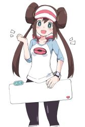 1girl black_pantyhose blue_eyes blush bow breasts brown_hair character_name clenched_hand creatures_(company) double_bun game_freak hair_bun ixy long_hair nintendo open_mouth pantyhose pink_bow poke_ball poke_ball_print pokemon pokemon_bw2 pokemon_masters_ex raglan_sleeves rosa_(pokemon) simple_background solo template twintails visor_cap white_background rating:Sensitive score:13 user:danbooru