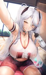  1girl antenna_hair azur_lane black_choker blush bottle breasts breath choker cleavage covered_erect_nipples highres huge_breasts indoors inverted_nipples long_hair looking_at_viewer midriff mole mole_on_breast multicolored_hair navel number_print official_alternate_costume parted_lips prinz_eugen_(azur_lane) prinz_eugen_(brilliant_touchdown)_(azur_lane) reaching reaching_towards_viewer red_hair red_shorts see-through_silhouette shorts sitting smile solo streaked_hair two_side_up water_bottle yusha_m 