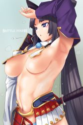 1girl arm_up armor armpits asymmetrical_sleeves bare_shoulders black_hair blue_eyes blue_panties blush breasts detached_sleeves fate/grand_order fate_(series) gachou hair_bun highres japanese_armor katana kusazuri large_breasts long_hair mismatched_sleeves navel open_mouth panties parted_bangs pom_pom_(clothes) revealing_clothes side_ponytail simple_background single_hair_bun solo sweat sword underboob underwear ushiwakamaru_(fate) very_long_hair weapon wide_sleeves rating:Questionable score:60 user:danbooru