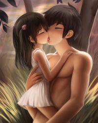 1boy 1girl absurdres age_difference artist_request blush censored closed_eyes clothed_female_nude_male crumbles dress flat_chest french_kiss highres kiss loli nude tagme white_dress rating:Questionable score:408 user:lord_muffington