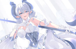  1girl breasts cleavage curtains demon_girl demon_horns demon_wings dress drill_hair duel_monster earrings fangs gloves grey_eyes heichi highres holding holding_polearm holding_weapon horns jewelry large_breasts leotard leotard_under_clothes looking_at_viewer lovely_labrynth_of_the_silver_castle low_wings multiple_wings pointy_ears polearm smile solo transparent_wings twin_drills twintails weapon white_gloves white_hair white_horns wings yu-gi-oh! 