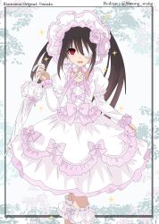  1girl absurdres alternate_costume bandage_over_one_eye black_hair breasts closed_umbrella date_a_live date_a_live:_date_a_bullet dress flower hair_flower hair_ornament hairband highres holding holding_umbrella lolita_fashion lolita_hairband long_hair looking_at_viewer medium_breasts one_eye_covered open_mouth pink_flower pink_rose red_eyes ribbon rose sheong_wong smile solo tokisaki_kurumi twintails umbrella 
