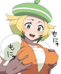  1boy 1girl absurdres bianca_(pokemon) blonde_hair breasts creatures_(company) game_freak grabbing grabbing_another&#039;s_breast green_eyes green_hat hat hetero highres japanese_text large_breasts mantan nintendo open_mouth pokemon pokemon_bw simple_background solo_focus teeth tongue upper_teeth_only white_background  rating:Sensitive score:9 user:Tempest_104