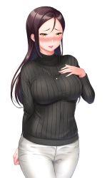  1girl absurdres arm_behind_back black_sweater blush bralines breasts brown_hair chishio_(onoderayui) commentary_request cowboy_shot fingernails hair_between_eyes hand_on_own_chest hand_up highres jewelry large_breasts long_hair long_sleeves looking_at_viewer love_live! love_live!_sunshine!! mature_female necklace nose_blush open_mouth pants parted_bangs pendant raised_eyebrows ribbed_sweater sakurauchi_riko&#039;s_mother sidelocks simple_background smile solo standing sweater turtleneck turtleneck_sweater white_background white_pants yellow_eyes 