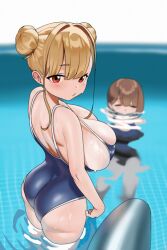  2girls ass blonde_hair blue_one-piece_swimsuit breasts brown_hair closed_eyes from_behind hair_bun highres huge_breasts intenddid looking_at_viewer looking_back mouth_under_water multiple_girls new_school_swimsuit one-piece_swimsuit original partially_submerged pool pool_ladder red_eyes school_swimsuit shiny_skin short_hair sideboob skindentation standing swimsuit water wet wet_clothes wet_swimsuit 