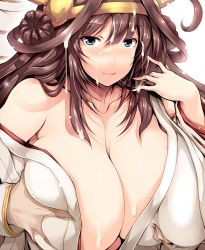 1girl ahoge blue_eyes blush grabbing_another&#039;s_breast breasts brown_hair cleavage cum cum_on_body cum_on_breasts cum_on_hair cum_on_upper_body double_bun facial grabbing hands_on_own_chest headdress huge_breasts kantai_collection kongou_(kancolle) long_hair looking_at_viewer nontraditional_miko open_clothes tongue tongue_out tsukasawa_takamatsu wardrobe_malfunction rating:Explicit score:22 user:danbooru