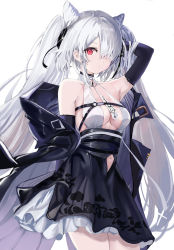 1girl absurdres age_fx arm_behind_back arm_behind_head azur_lane bare_shoulders black_dress black_gloves breasts cleavage closed_mouth clothing_cutout collarbone dress elbow_gloves feet_out_of_frame gloves hair_between_eyes hair_horns hair_over_one_eye hammer_and_sickle hand_in_own_hair highres kiev_(azur_lane) kiev_(backstreet_silver_sonata)_(azur_lane) long_hair looking_at_viewer medium_breasts navel navel_cutout official_alternate_costume one_eye_covered red_eyes solo standing twintails very_long_hair white_background white_hair rating:Sensitive score:17 user:danbooru