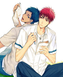  2boys aomine_daiki blue_eyes blue_hair blue_pants book chain chain_necklace closed_mouth collared_shirt feet_out_of_frame grass highres holding holding_book holding_pencil jewelry kagami_taiga kuroko_no_basuke leaning_on_person looking_at_another male_focus multiple_boys necklace open_clothes open_mouth open_shirt pants pencil red_eyes red_hair shirt sitting sweatdrop tan teeth white_background white_shirt yuuto_(sky_cloister) 